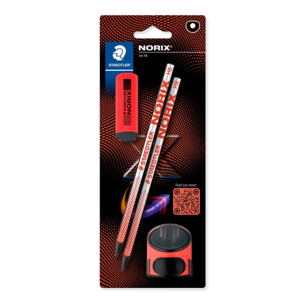 Staedtler Norix Confezione da 2 matite in grafite HB + gomma + temperino - Legno nero - Design intelligente