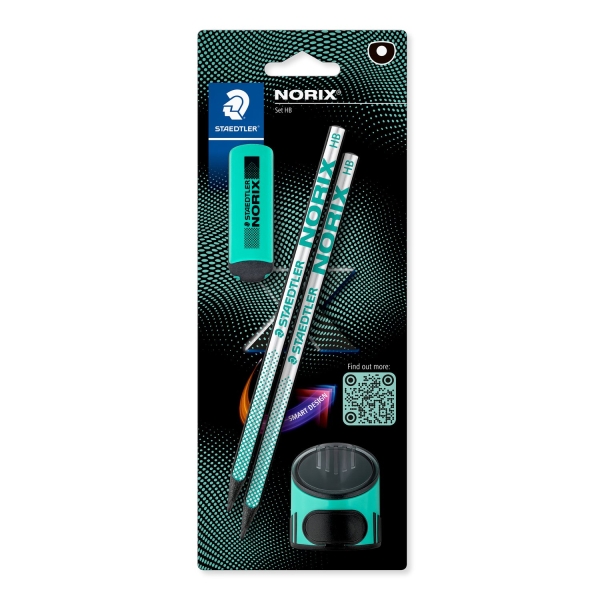 Staedtler Norix Confezione da 2 matite in grafite HB + gomma + temperino - Legno nero - Design intelligente