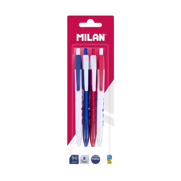 Milan P1 Nata® 624 Confezione da 4 penne a sfera retrattili - Punta rotonda 1 mm - Inchiostro blu - Corpi in colori assortiti