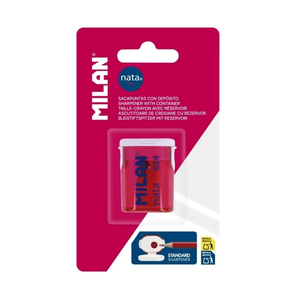 Milan Nata® 624 Temperamatite con contenitore - Lama in acciaio - Colore rosa/bianco