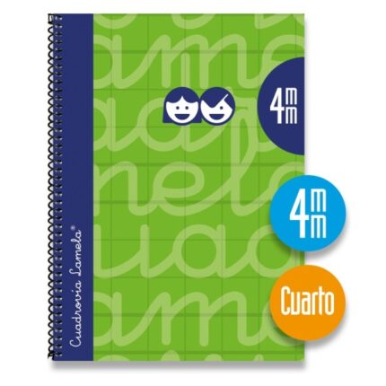 Lamela Quaderno a spirale con 80 fogli da 70 g/m² con margine - Formato quarto - Righe a quadratini da 4 mm - Copertina extra rigida - Carta offset bianca extra - Colore verde