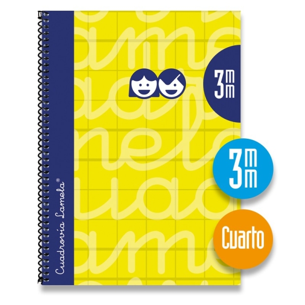 Quaderno a spirale Lamela con 80 fogli da 90 g/m² con margine - Formato quarto - Righe a quadratini da 3 mm - Copertina extra rigida - Carta offset bianca extra - Colore giallo