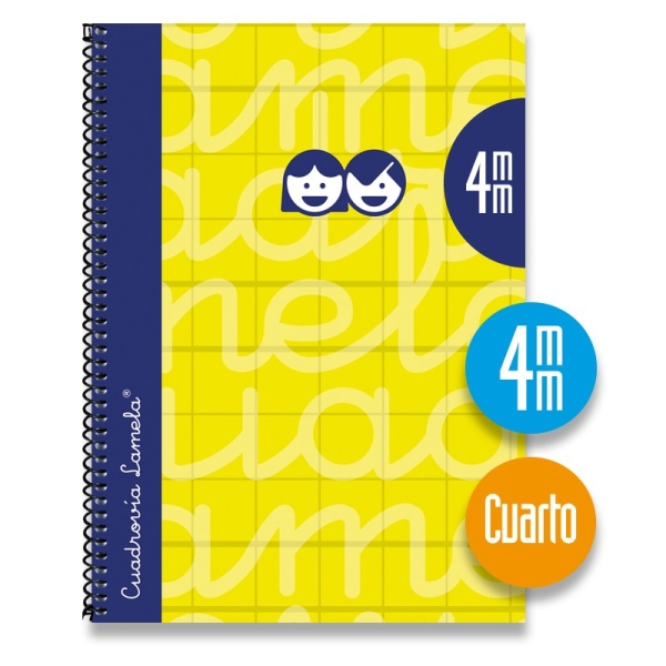 Quaderno a spirale Lamela con 80 fogli da 70 g/m² con margine - Formato quarto - Righe a quadratini da 4 mm - Copertina extra rigida - Carta offset bianca extra - Colore giallo