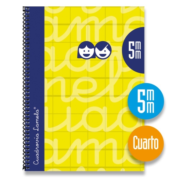 Quaderno a spirale Lamela con 80 fogli da 70 g/m² con margine - Formato quarto - Righe a quadratini da 5 mm - Copertina extra rigida - Carta offset bianca extra - Colore giallo