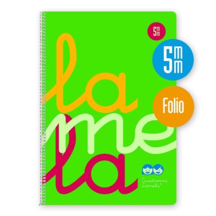 Quaderno a spirale Lamela con 80 fogli da 90 g/m² con margine - Formato Folio - Righe a quadratini da 5 mm - Copertina in polipropilene - Carta offset bianca extra - Colore verde fluorescente