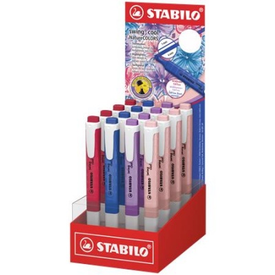 Stabilo Swing Cool Naturecolors Wildflower Espositore con 16 pennarelli - Corpo piatto - Punta smussata - Larghezza tratto da 1 a 4 mm - Inchiostro a base d'acqua - Antisecante - Colori assortiti