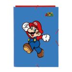 Safta Super Mario World Cartella con 3 alette - Copertina rigida rivestita - Formato A4 - Chiusura con elastici - Resistente e durevole - 260x25x335 mm - Colore blu scuro