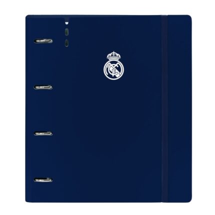 Safta Real Madrid 1ª Equip. 24/25 Raccoglitore con 4 anelli da 35 mm - Copertine in PP Foam - Ricarica da 100 fogli - Chiusura elastica - Divisori - Fessura per penna - 270x40x320 mm - Colore blu navy