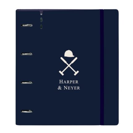 Safta Harper and Neyer Raccoglitore a 4 anelli da 35 mm - Copertine in PP Foam - Ricarica da 100 fogli - Chiusura elastica - Fessura per penna - Include divisori - 270x40x320 mm - Colore blu navy