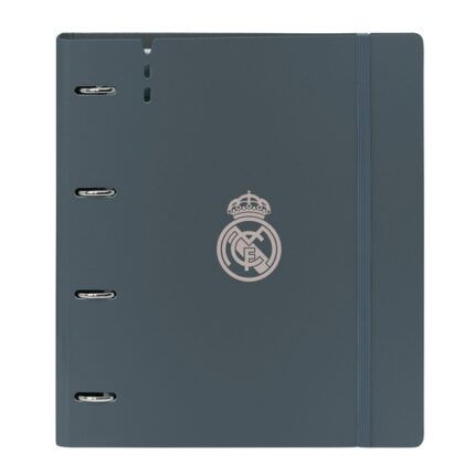 Safta Real Madrid 3ª Divisa 24/25 Cartellina a 4 anelli 35 mm - Copertine in PP Foam - Ricarica 100 fogli - Chiusura elastica - Divisori interni - 270x40x320 mm - Colore grigio