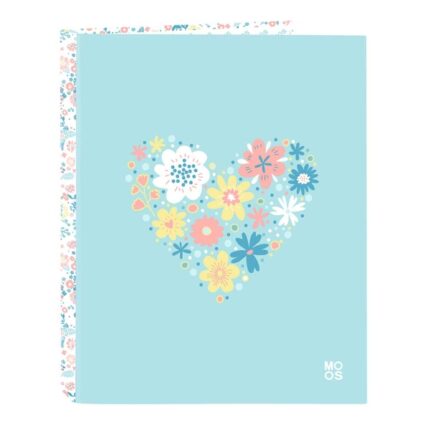 Safta Moos Fiori Cartella con 4 anelli da 25 mm - Copertina rigida rivestita - Formato folio - 265x40x330 mm - Colore azzurro