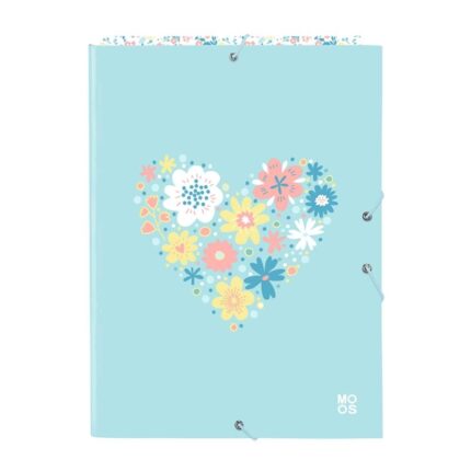 Safta Moos Fiori Cartella con 3 alette - Copertina rigida rivestita - Formato folio - Chiusura con elastici - 260x25x335 mm - Colore azzurro