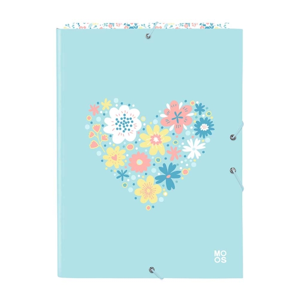 Safta Moos Fiori Cartella con 3 alette - Copertina rigida rivestita - Formato folio - Chiusura con elastici - 260x25x335 mm - Colore azzurro