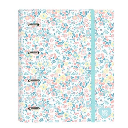 Safta Moos Fiori Raccoglitore a 4 anelli da 35 mm - Copertina rigida rivestita - Ricarica 100 fogli - Quadretti 5x5 mm - Chiusura elastica - 270x35x320 mm - Colore bianco