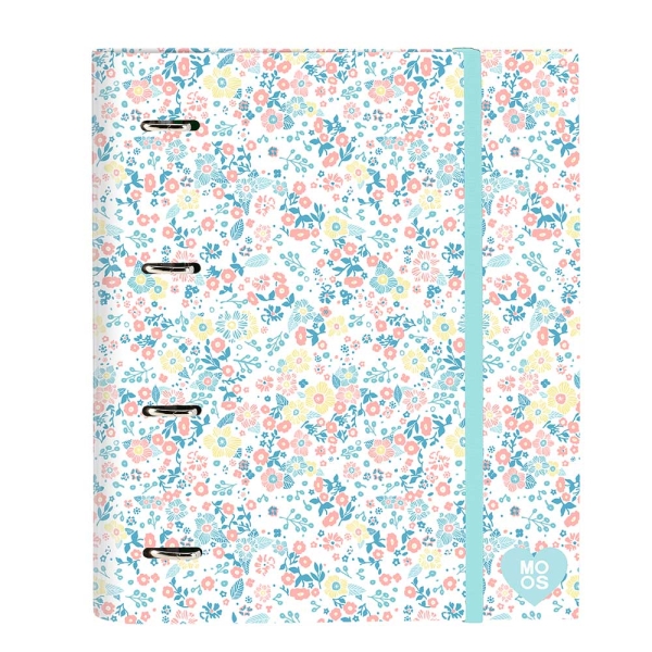 Safta Moos Fiori Raccoglitore a 4 anelli da 35 mm - Copertina rigida rivestita - Ricarica 100 fogli - Quadretti 5x5 mm - Chiusura elastica - 270x35x320 mm - Colore bianco