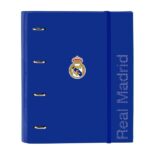 Safta Real Madrid Raccoglitore a 4 anelli 35 mm - Copertina rigida rivestita - Ricarica 100 fogli - Griglia 5x5 mm - Chiusura elastica - Include divisori - 270x35x320 mm - Colore blu