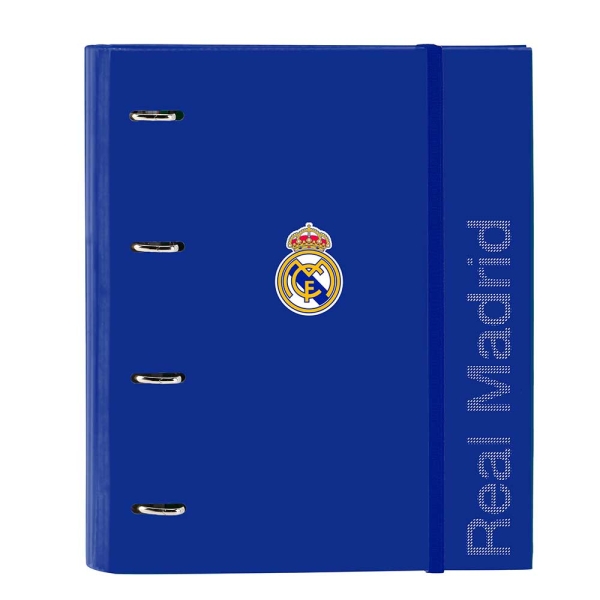 Safta Real Madrid Raccoglitore a 4 anelli 35 mm - Copertina rigida rivestita - Ricarica 100 fogli - Griglia 5x5 mm - Chiusura elastica - Include divisori - 270x35x320 mm - Colore blu