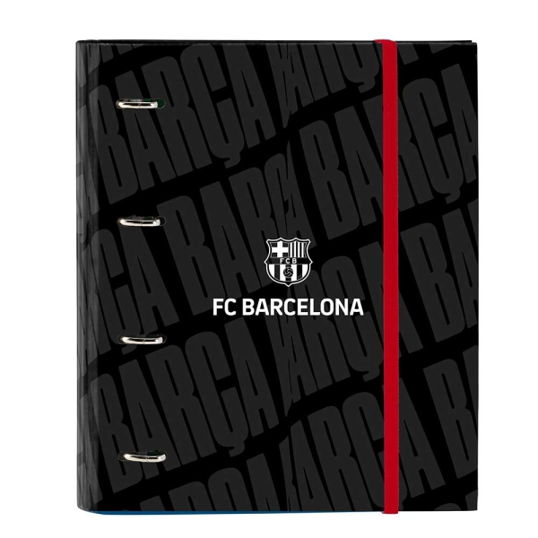 Safta F.C.Barcelona Raccoglitore a 4 anelli 35 mm - Copertine rigide rivestite - Ricarica 100 fogli - Griglia 5x5 mm - Chiusura elastica - Separatori inclusi - 270x35x320 mm - Colore nero