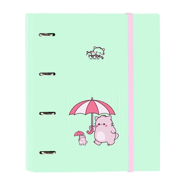 Safta Pembe The Pink Cat Raccoglitore a 4 anelli 35 mm - Copertina rigida rivestita - Ricarica 100 fogli - Chiusura elastica - Segnalibri inclusi - 270x35x320 mm - Colore menta