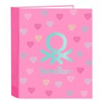 Safta Benetton Heart Raccoglitore a 4 anelli da 40 mm - Copertina rigida rivestita - Formato Folio - 270x60x330 mm - Colore rosa