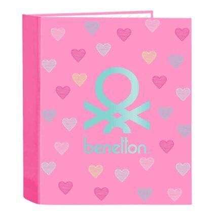 Safta Benetton Heart Raccoglitore a 4 anelli da 40 mm - Copertina rigida rivestita - Formato Folio - 270x60x330 mm - Colore rosa
