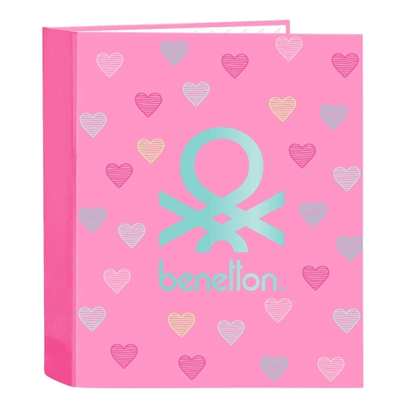 Safta Benetton Heart Raccoglitore a 4 anelli da 40 mm - Copertina rigida rivestita - Formato Folio - 270x60x330 mm - Colore rosa