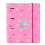 Safta Benetton Heart Raccoglitore con 4 anelli da 35 mm - Copertina rigida rivestita - Ricarica da 100 fogli - Chiusura elastica - Divisori inclusi - Griglia 5x5 mm - 270x35x320 mm - Colore rosa