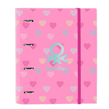Safta Benetton Heart Raccoglitore con 4 anelli da 35 mm - Copertina rigida rivestita - Ricarica da 100 fogli - Chiusura elastica - Divisori inclusi - Griglia 5x5 mm - 270x35x320 mm - Colore rosa
