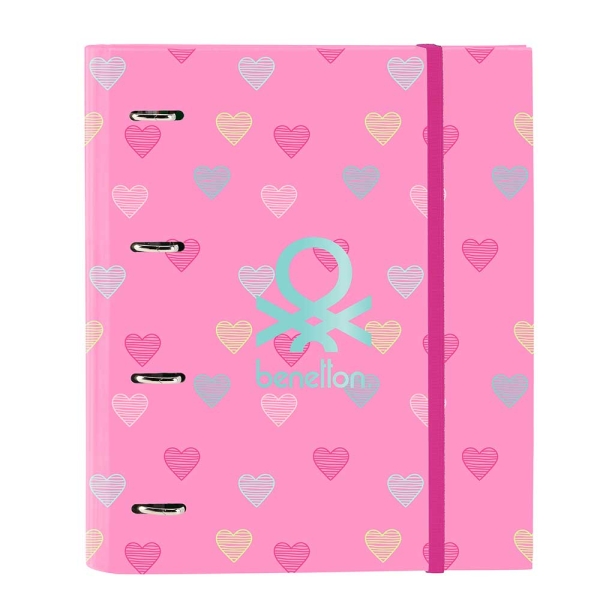 Safta Benetton Heart Raccoglitore con 4 anelli da 35 mm - Copertina rigida rivestita - Ricarica da 100 fogli - Chiusura elastica - Divisori inclusi - Griglia 5x5 mm - 270x35x320 mm - Colore rosa
