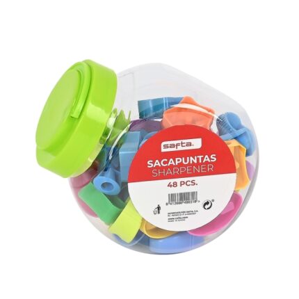 Safta Confezione da 48 temperamatite - Impugnatura antiscivolo - Compatto - Lama di alta qualità - 100x100x120 mm - Colori assortiti