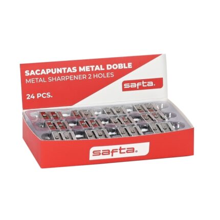 Safta Espositore con 24 temperamatite doppi in metallo - Lama di alta qualità - Impugnatura ergonomica - Colore alluminio