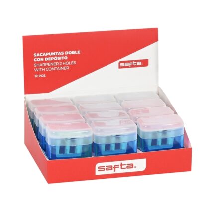 Safta Espositore con 12 temperamatite a doppio foro con contenitore - Lama in acciaio resistente - Impugnatura ergonomica - Contenitore per trucioli - Colori assortiti