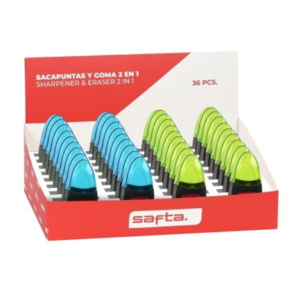 Safta Espositore con 36 temperamatite e gomma - Doppia funzione - Contenitore per trucioli - Coperchio protettivo in plastica - Colori assortiti