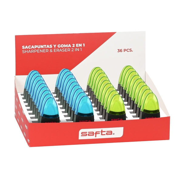 Safta Espositore con 36 temperamatite e gomma - Doppia funzione - Contenitore per trucioli - Coperchio protettivo in plastica - Colori assortiti