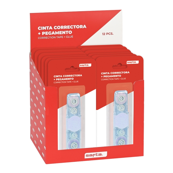 Safta Espositore con 12 confezioni di nastro correttore e colla - Doppia funzione - Colori assortiti