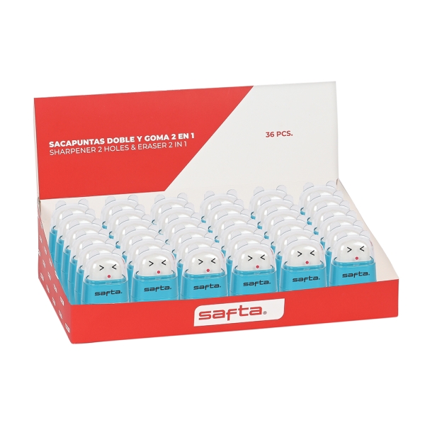 Safta Espositore con 36 temperamatite - Doppia funzione di temperamatite e gomma - Coperchio protettivo in plastica - Contenitore per trucioli - Colori assortiti