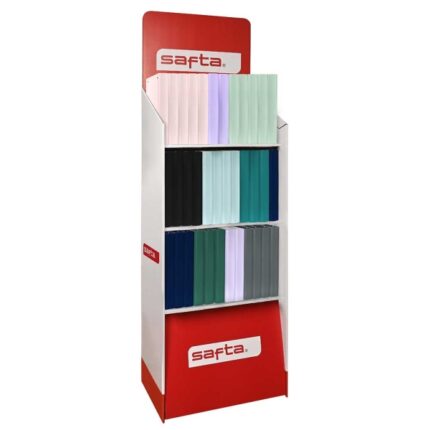 Safta Espositore con 36 raccoglitori a 4 anelli da 35 mm - Ricarica 100 fogli - 3 ripiani - Copertine in PP Foam - Chiusura elastica - Divisori interni - Tasca interna - Fogli da 90 g/m² - Colori assortiti