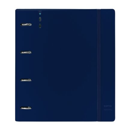 Safta Cartellina con 4 anelli da 35 mm - Copertina in plastica - Ricarica 100 fogli - Chiusura elastica - Fessura per penna - Divisori interni - 270x40x320 mm - Colore blu navy