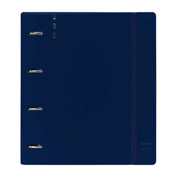 Safta Cartellina con 4 anelli da 35 mm - Copertina in plastica - Ricarica 100 fogli - Chiusura elastica - Fessura per penna - Divisori interni - 270x40x320 mm - Colore blu navy