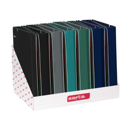 Safta Espositore con 12 raccoglitori a 4 anelli da 35 mm - Copertine in PP Foam - Chiusura elastica - Fessura per penna - Include 100 fogli A4 - Griglia 5x5 mm - Colori assortiti