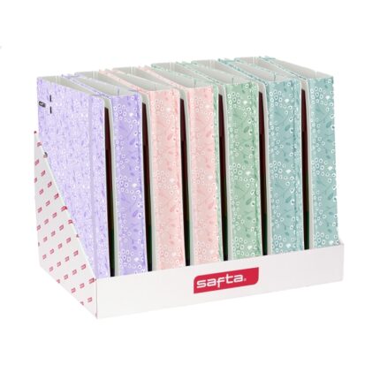 Safta Espositore con 12 raccoglitori a 4 anelli da 35 mm - Copertine in PP Foam - Include 100 fogli - Chiusura elastica - Fessura per penna - Divisori interni - Colori assortiti