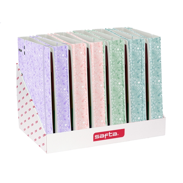 Safta Espositore con 12 raccoglitori a 4 anelli da 35 mm - Copertine in PP Foam - Include 100 fogli - Chiusura elastica - Fessura per penna - Divisori interni - Colori assortiti