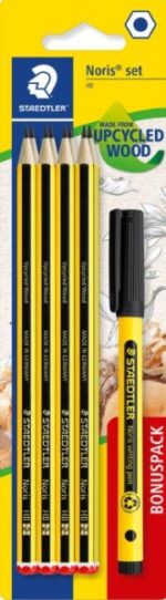 Staedtler Noris 120 Confezione con 8 matite esagonali in grafite HB + 1 pennarello Noris Writing Pen 307 nero - Resistenza alla rottura - Legno proveniente da foreste sostenibili