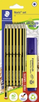 Staedtler Noris 120 Confezione con 12 matite esagonali in grafite HB + 1 evidenziatore fluorescente Textsurfer giallo - Resistenza alla rottura - Legno proveniente da foreste sostenibili
