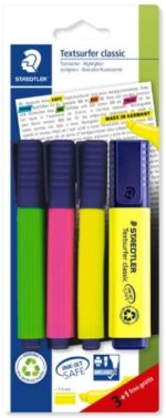 Staedtler Textsurfer Classic 364 Confezione da 4 evidenziatori fluorescenti - Asciugatura rapida - Tratto 1 - 5 mm circa - Colori assortiti