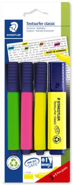 Staedtler Textsurfer Classic 364 Confezione da 4 evidenziatori fluorescenti - Asciugatura rapida - Tratto 1 - 5 mm circa - Colori assortiti