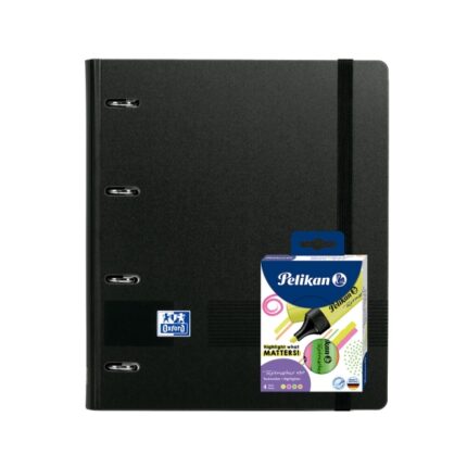 Oxford Europeanbinder Live & Go A4+ Pack con raccoglitore formato A4+ con ricambio da 100 fogli + confezione da 4 pennarelli Pelikan Testmarker 490 - Copertina in polistirolo - Chiusura con elastico - Colore nero