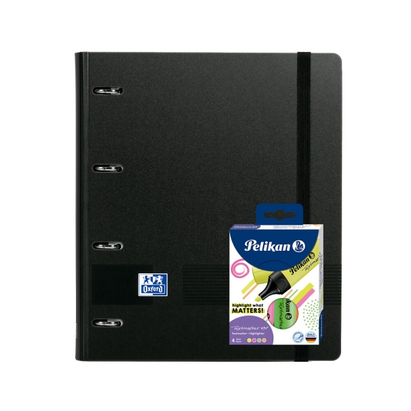 Oxford Europeanbinder Live & Go A4+ Pack con raccoglitore formato A4+ con ricambio da 100 fogli + confezione da 4 pennarelli Pelikan Testmarker 490 - Copertina in polistirolo - Chiusura con elastico - Colore nero