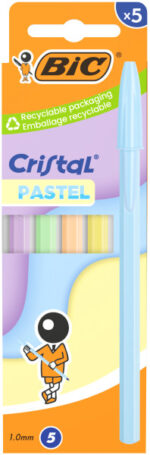 Bic Cristal Pastel Confezione da 5 penne a sfera - Corpo opaco in colori pastello - Punta arrotondata da 1 mm - Tratto 0