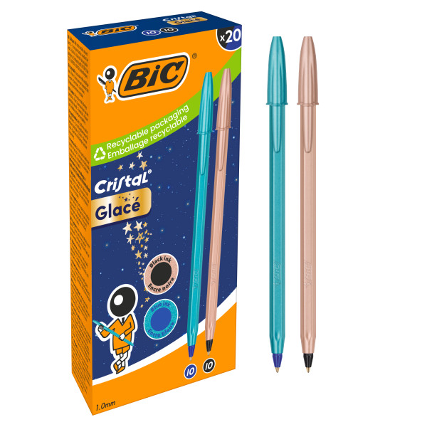 Bic Cristal Glace Confezione da 20 penne a sfera - Corpo opaco in colore blu metallizzato opaco e rame opaco - Punta rotonda da 1 mm - Tratto 0 Bic Cristal Glace Confezione da 20 penne a sfera - Corpo opaco in colore blu metallizzato opaco e rame opaco - Punta rotonda da 1 mm - Tratto 0